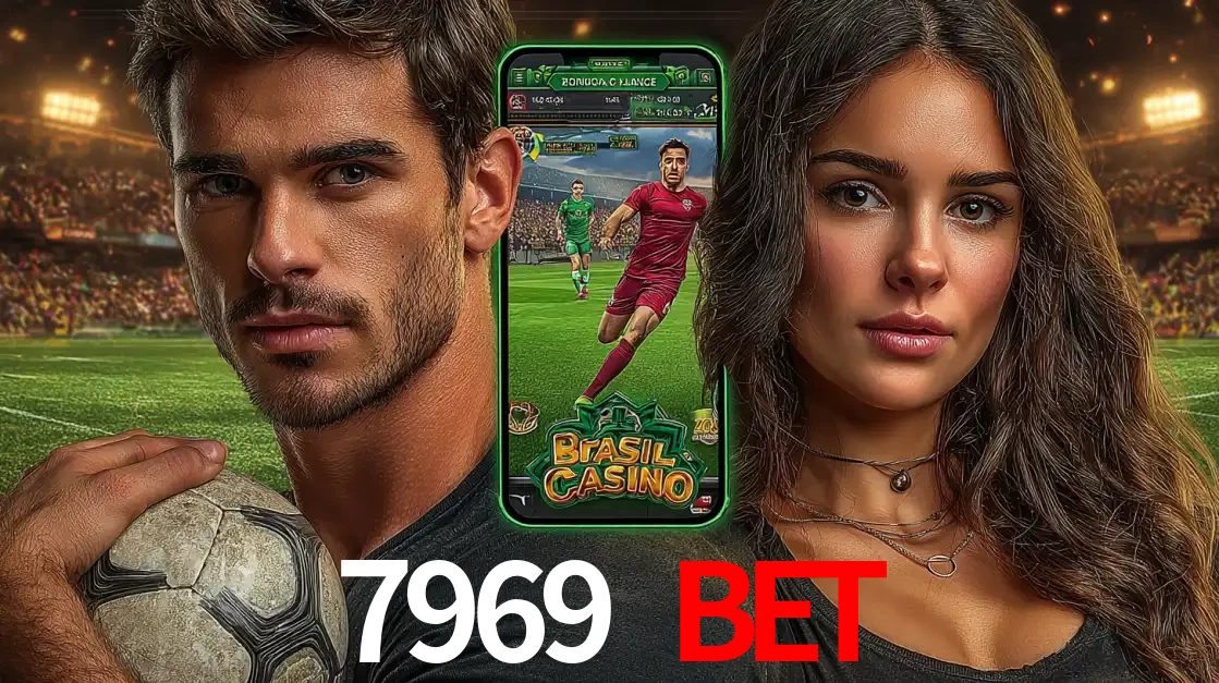 Homem segurando uma bola de futebol e uma mulher ao lado de um smartphone exibindo o jogo de apostas esportivas da 7969 bet. Faça seu palpite no cassino online.